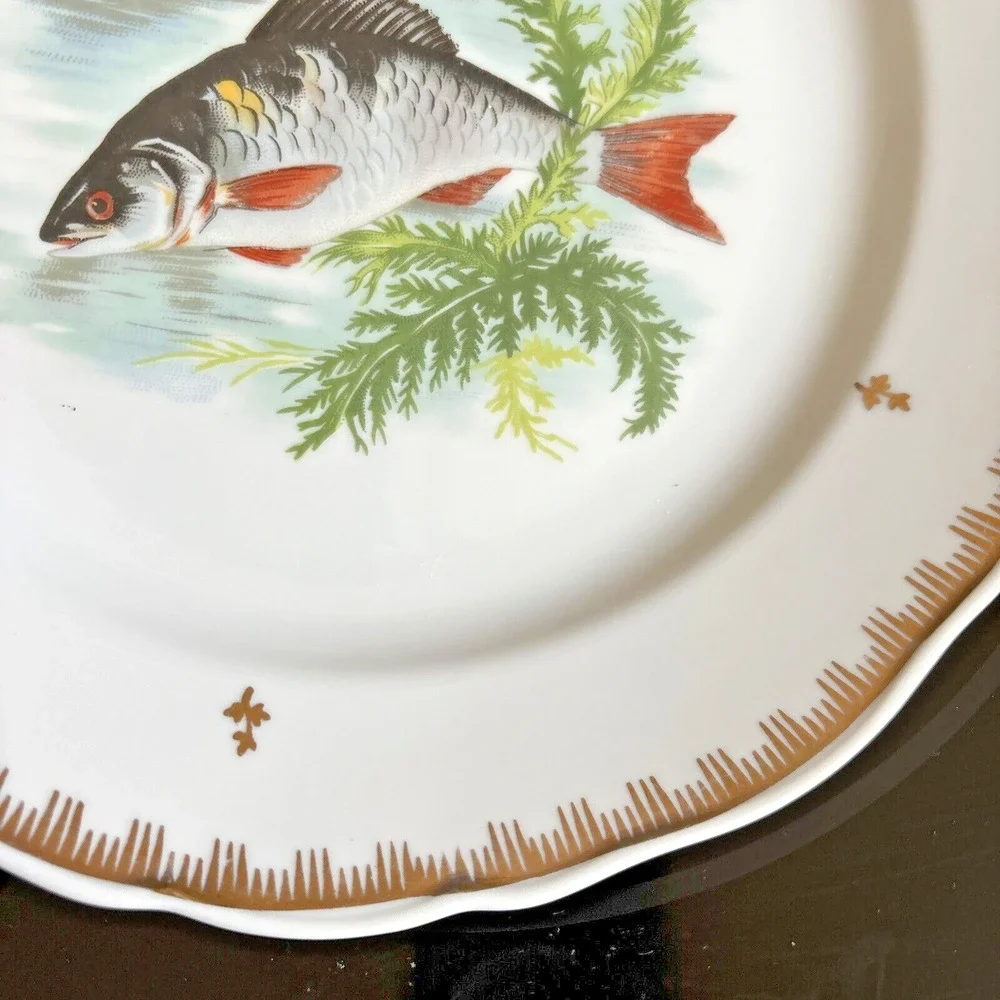 Hand Painted Fish Pattern Porcelain Dinner Plate Made In France Gold Gilt Rim